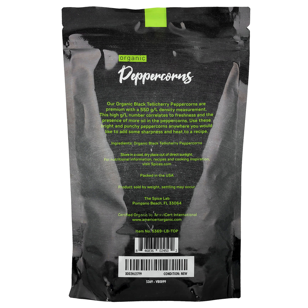 The Spice Lab, Organic Pantry, органический перец горошком, цельный, 453 г (16 унций)