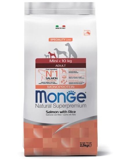 Корм для собак мини пород Monge Dog Speciality Line Monoprotein Extra Small, с лососем и рисом 2,5 кг