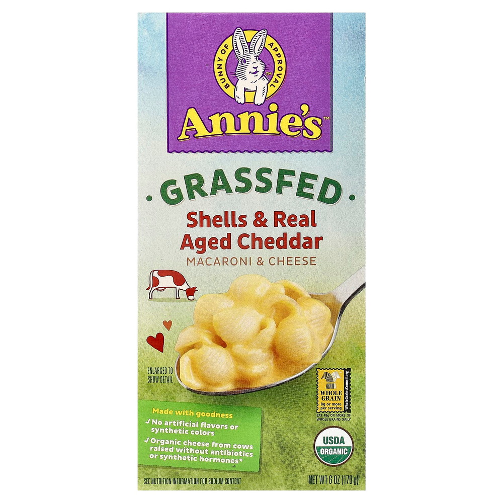 Annie's Homegrown, макароны травяного откорма с сыром, ракообразные и выдержанный чеддер, 170 г (6 унций)