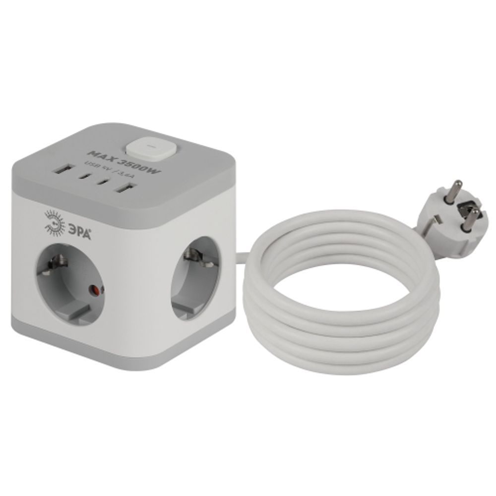 Удлинитель электрический ЭРА CUBE-3es-1,5m-4USB-W куб с заземлением с выключателем 3 розетки+4xUSBA+C 1,5м 16А белый