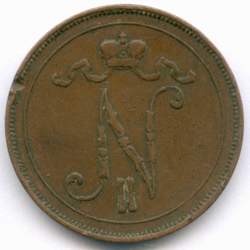 10 пенни 1908 год. Россия для Финляндии (Вензель Николая II). VF-