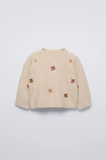 ZARA ТРИКОТАЖНЫЙ СВИТЕР С ВЫШИТЫМИ ЦВЕТАМИ, СВЕТЛО-БЕЖЕВЫЙ