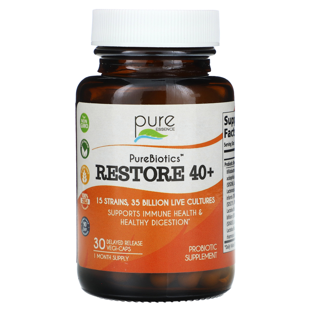 Pure Essence, PureBiotics, Restore 40+, 35 млрд, 30 веганских капсул с отсроченным высвобождением