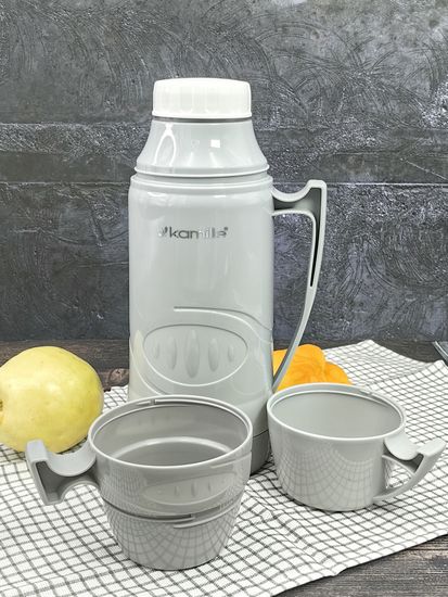 Термос 1 л. со стеклянной колбой Kamille KM 2031 пластиковый, 2 чашки