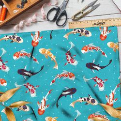 Ткань кулирная гладь японские карпы на бирюзовом фоне