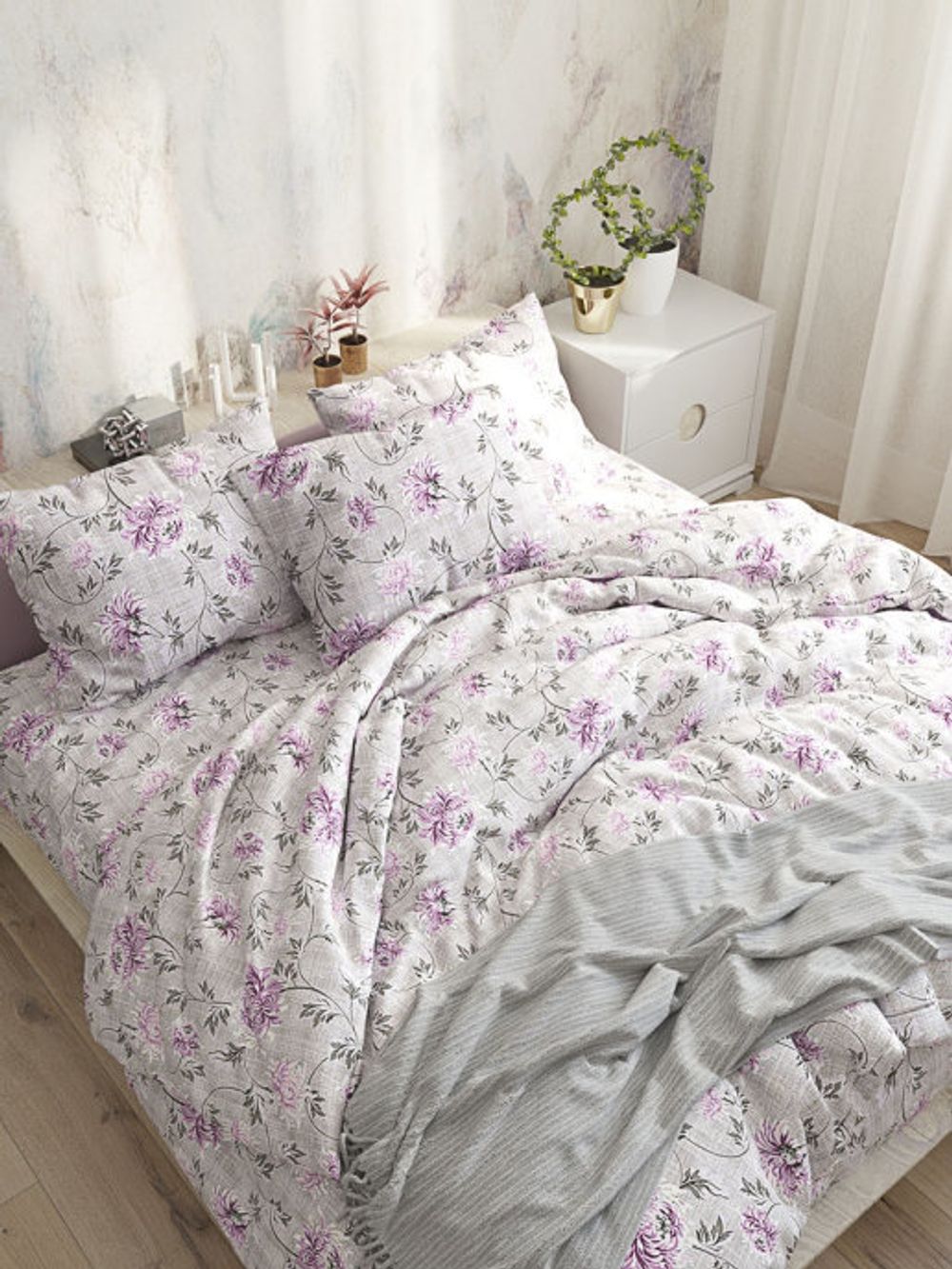 Простынь на резинке Сказка "Хризантемы" 90х200 см, перкаль