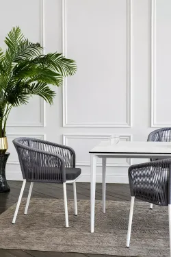 "Малага" обеденная группа на 4 персоны со стульями "Марсель", каркас белый, роуп светло-серый