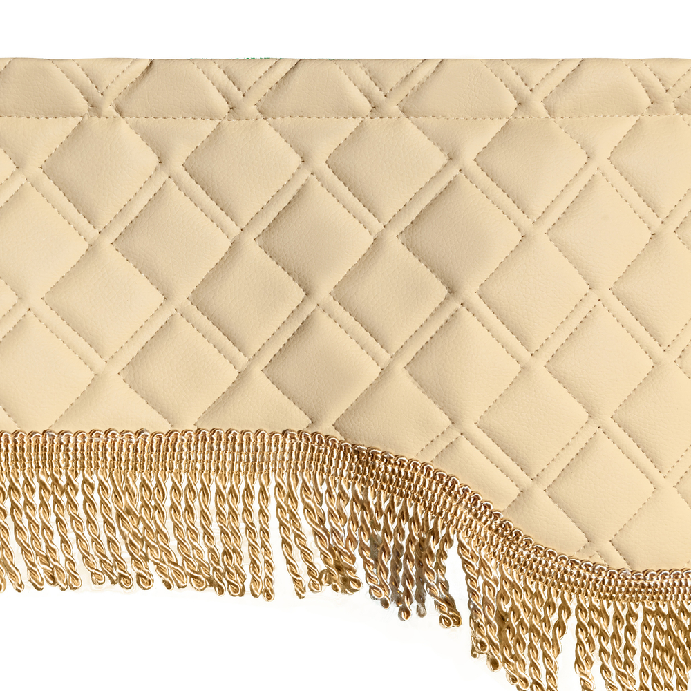 Шторы спального места с прихватами в кабину грузовика. Ламбрекен из экокожи с вышивкой Тигр и прихватами. Высота 1,5м, ширина одной стороны - 1,15м. Блэкаут, велюр. Бежевый цвет с бежевой бахромой