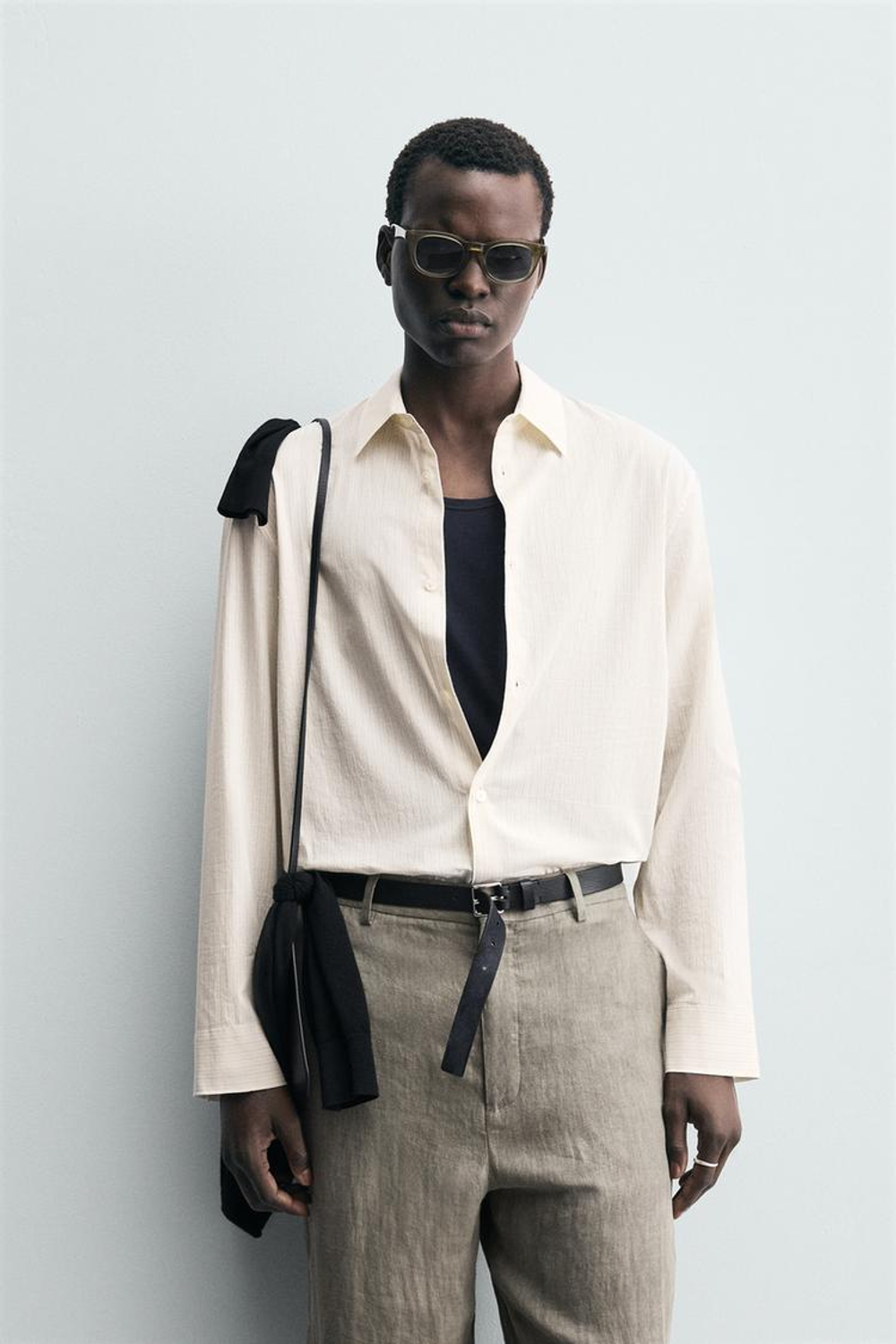 ZARА РУБАШКА ИЗ ХЛОПКА И ВИСКОЗЫ В ПОЛОСКУ, БЕЖЕВЫЙ