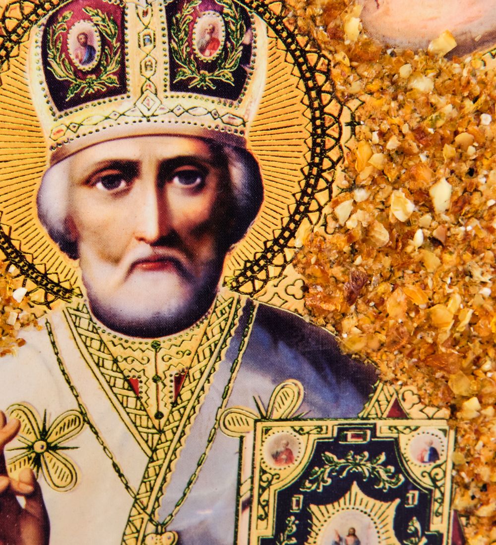 AMB-71/13 Икона «Николай Чудотворец» (с янтарной крошкой) дер.краш.рамка 21х30