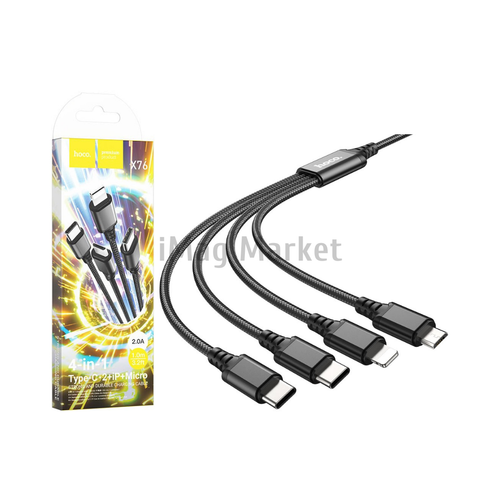 Зарядный кабель Hoco X76, USB-A - Lightning/micro-USB/2xType-C, 2A, 10W, 1 м, черный