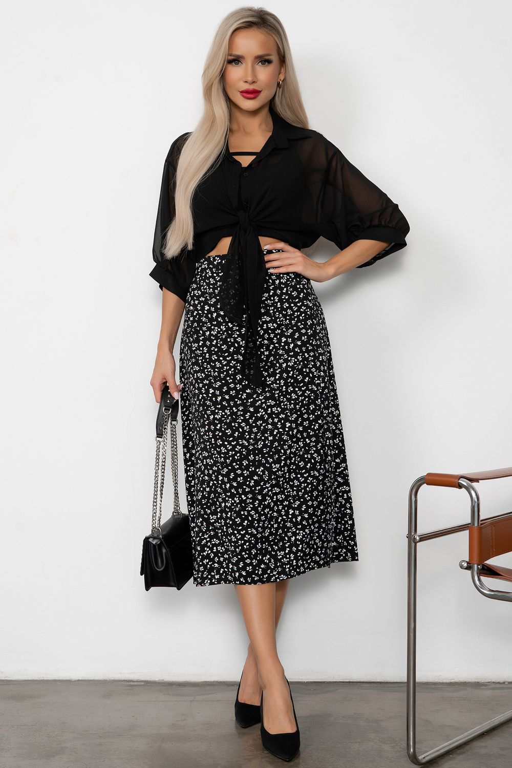 Юбка с разрезом (черный/принт) Юб11-20 Nikol