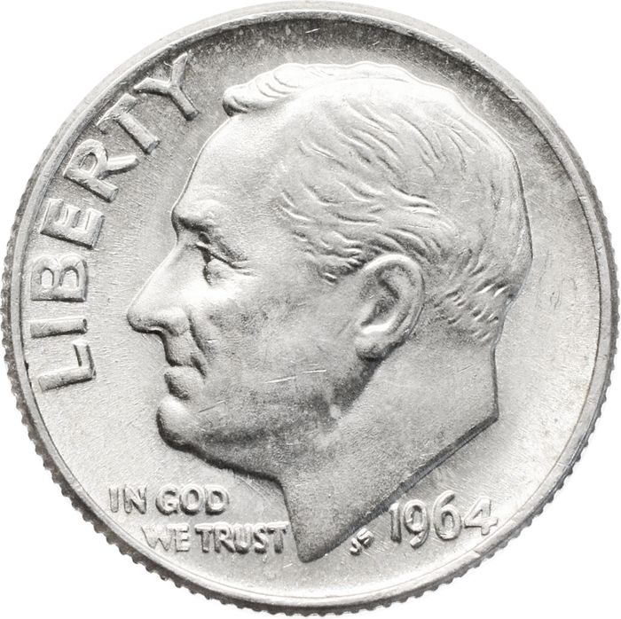 1 дайм (10 центов) 1964 США "Silver Roosevelt Dime"