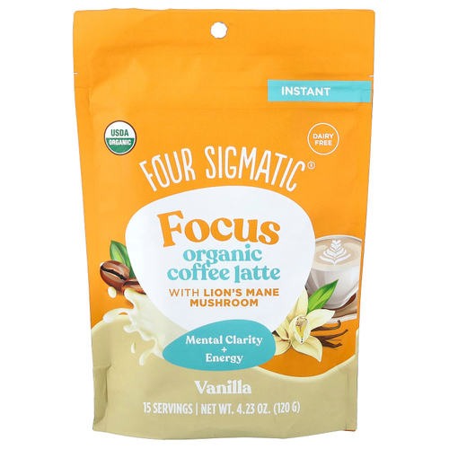 Four Sigmatic, Focus, органический растворимый кофе латте с ежовиком гребенчатым, ваниль, 120 г (4,23 унции)