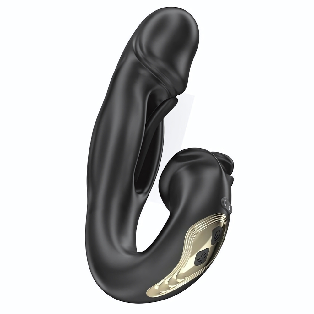 Черный вагинально-клиторальный вибратор с функцией маятника - 18 см. (Цвет: черный)