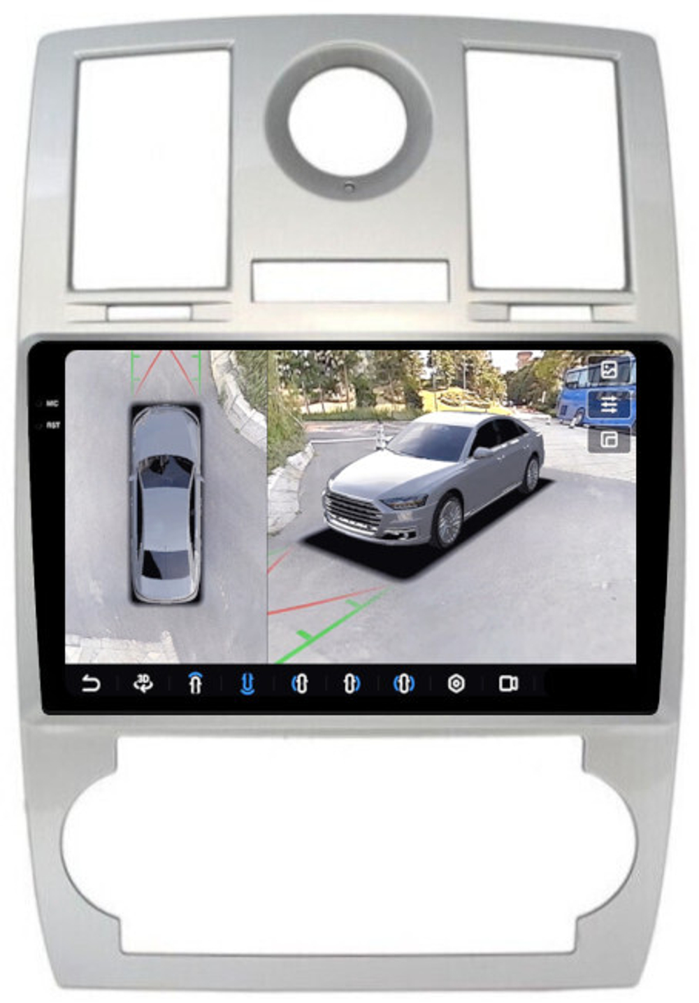 Магнитола для Chrysler 300C 2004-2007 (дорестайл) - FarCar BX206M-360 монитор 9.5" 2K QLED на Android 13, 6Гб+128Гб, CarPlay, 4G SIM-слот, 4 камеры в комплекте