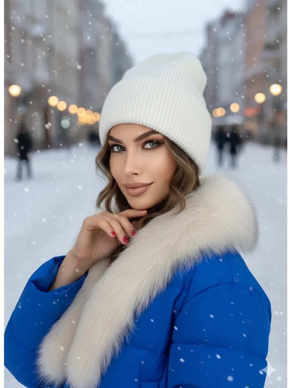 шапка зимняя из ангоры с отворотом вязаная