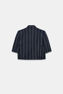 ZARA УКОРОЧЕННАЯ КУРТКА В ПОЛОСКУ ИЗ ЛЬНА — ZW COLLECTION, МОРСКОЙ СИНИЙ