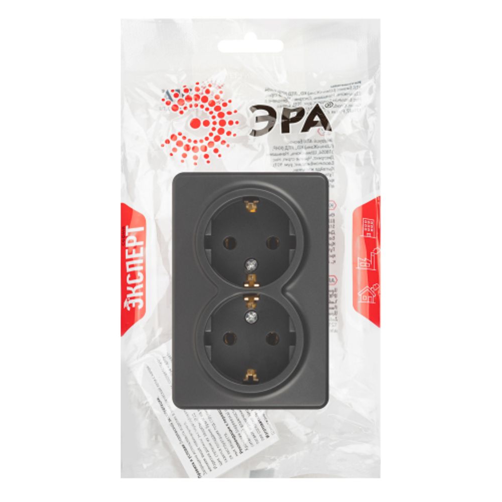 Розетка ЭРА Эксперт 11-2205-05 двойная с заземлением 2х2P+E Schuko IP20 16A-250В ОУ антрацит