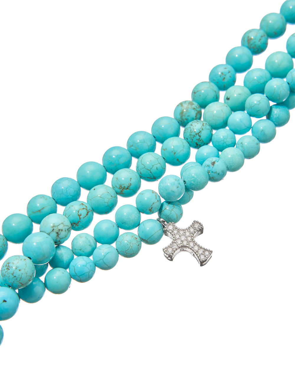 Колье бирюза разного размера, 4 ряда, крест россыпь циркониев