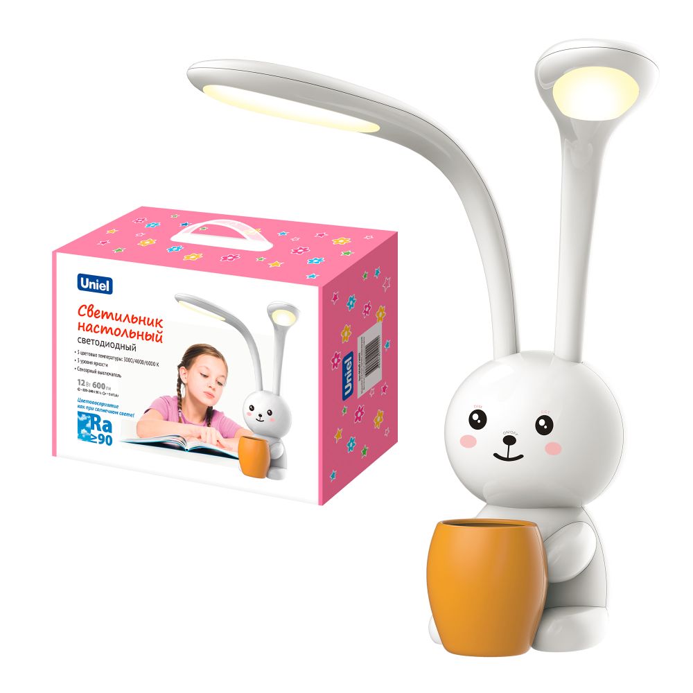 ULM-D160 12W-3000-6000K-DIM WHITE Светильник настольный светодиодный Заяц. с подставкой под канцелярские принадлежности. Сенсорный выключатель. Диммер. Белый. TM Uniel