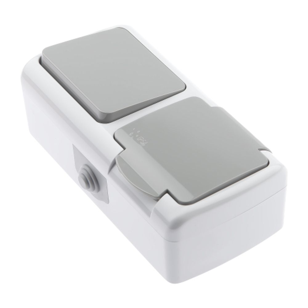 Блок розетка с выключателем Intro Atlantic 5-701-03 одноклавишным 2P+E, 10А-250В, открытой установки, IP54, серый | Intro