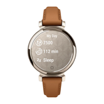 Спортивные часы Garmin Lily 2 Classic, рыжевато-коричневый кожаный ремешок Кремово-золотистый безель из алюминия, стекло Gorilla Glass. Ремешок с классической застёжкой — на запястье обхватом 110–175 мм