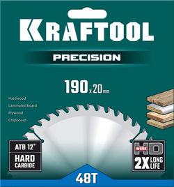 KRAFTOOL Precision, 190 х 20 мм, 48Т, пильный диск по дереву (36952-190-20)