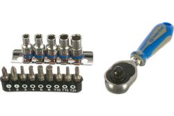 KING TONY (2515MR) Набор вставок (бит) и головок с трещоткой 1/4", TORX, HEX, Phillips, 15 предметов