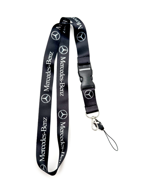 Шнурок на шею Mercedes-Benz (Мерседес-Бенц). Ланъярд для ключей, бейджа, телефона. Черный цвет с белым лого.