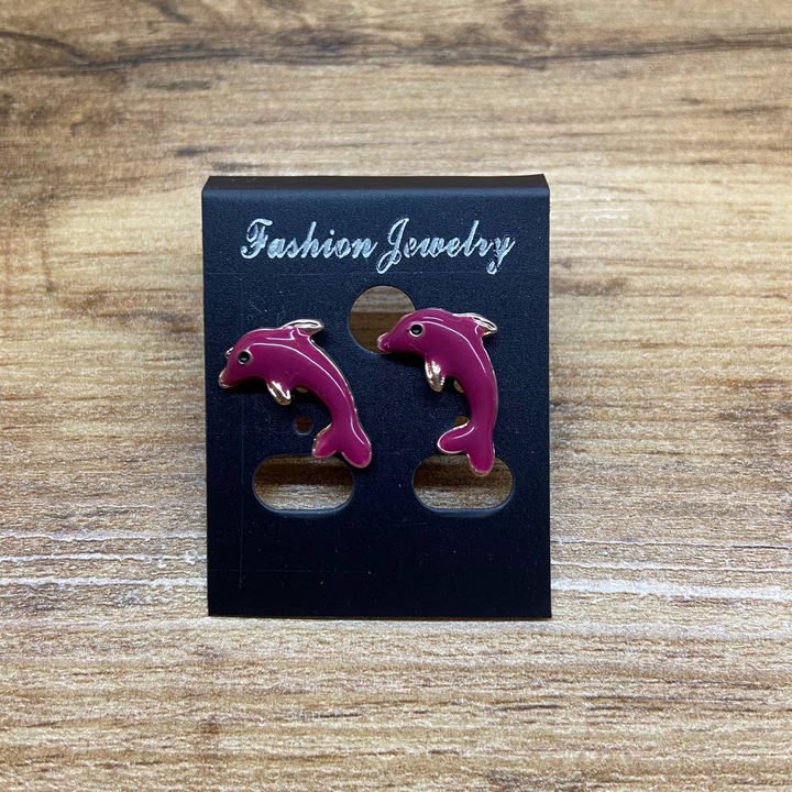 Серьги Small Дельфины эмаль цветная цвет малиновый металл золотистый