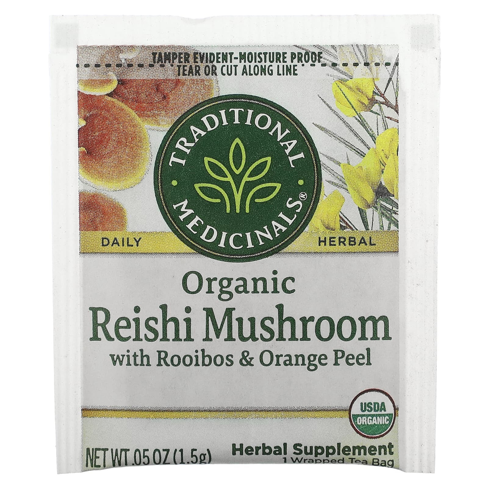 Traditional Medicinals, Органический гриб рейши с ройбушом и цедрой апельсина, без кофеина, 16 чайных пакетиков в упаковке, 24 г (0,85 унции)