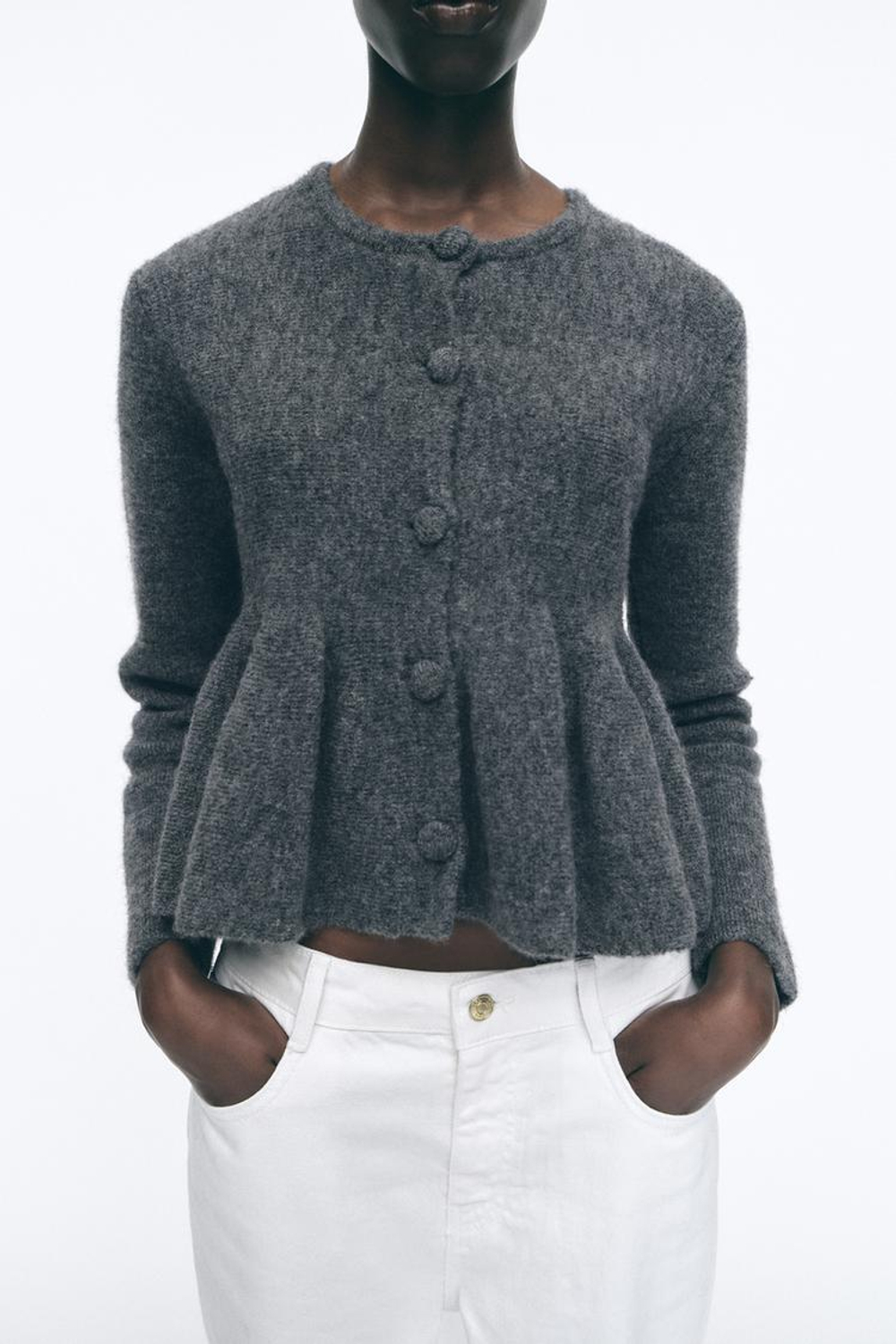 ZARA КАРДИГАН С БАСКОЙ, СЕРЫЙ