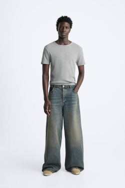 ZARA БАЗОВАЯ ФУТБОЛКА В РУБЧИК, СЕРЫЙ