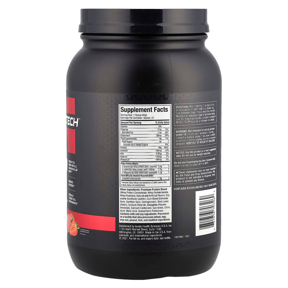 MuscleTech, Nitro-Tech, сывороточный изолят + смесь для роста сухой мышечной массы, клубничный вкус, 907 г (2 фунта)