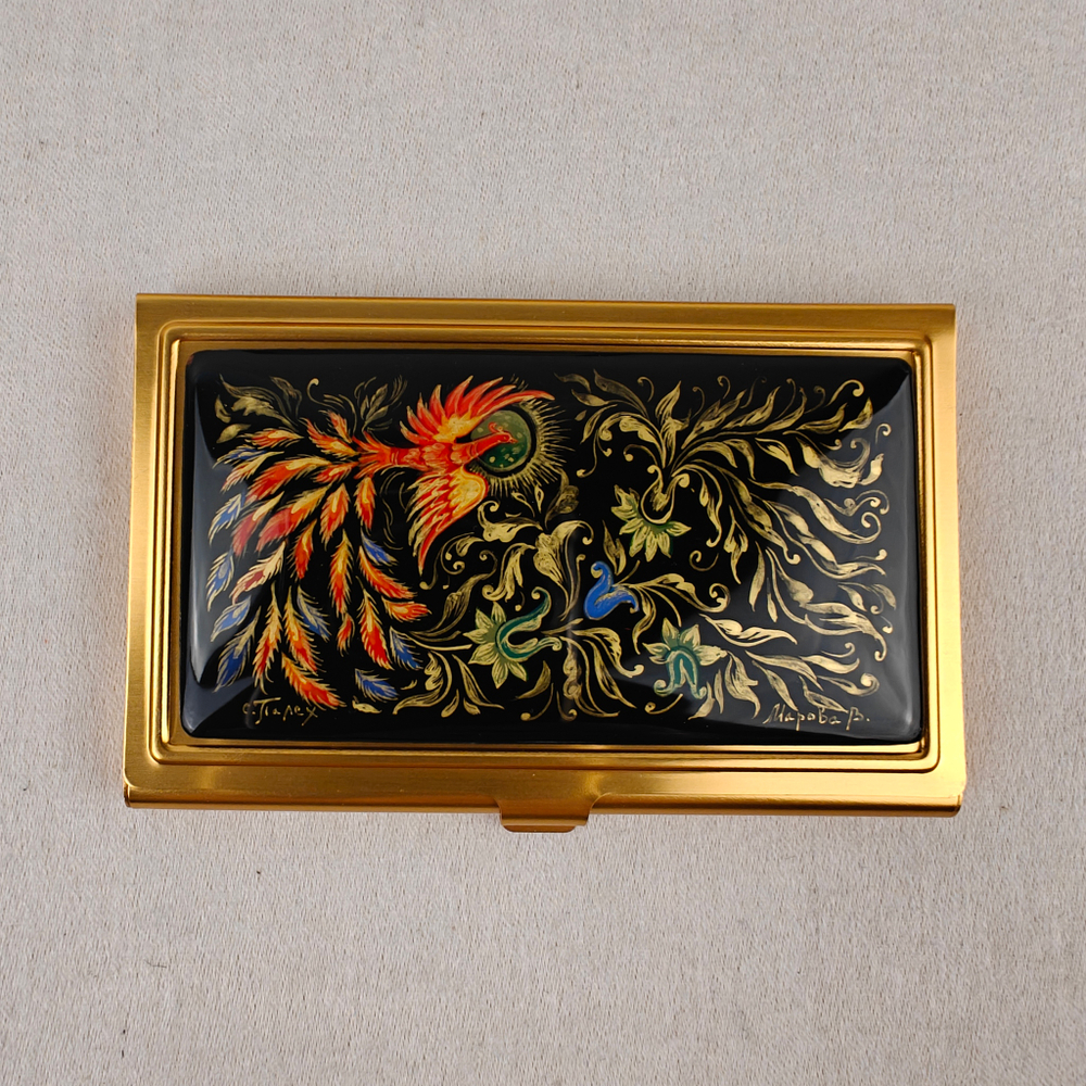 Визитница "Жар-птица" №1 (роспись Палех) зол.