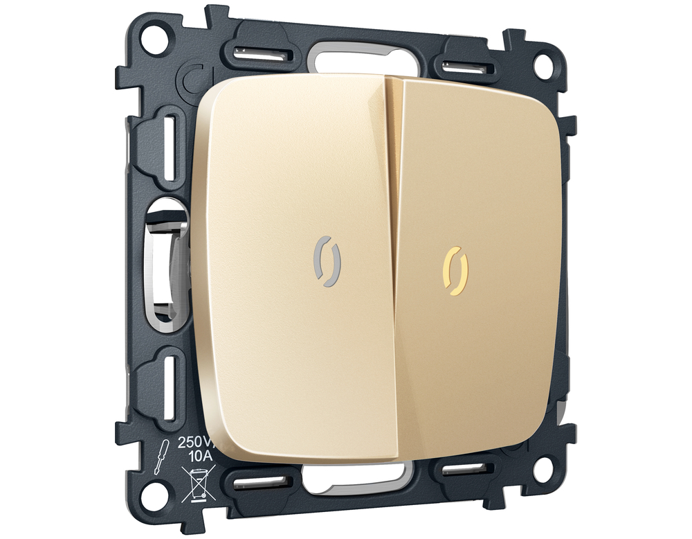 MO604010 Комплект механизма 2-кл выключателя с подсветкой 3200K OMEGA Шампань QUANT (OP6040, VM115, G11Y)