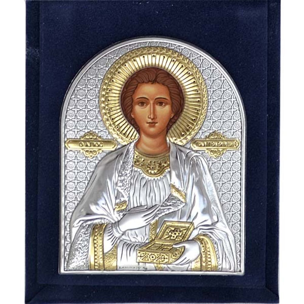 Пантелеймон Целитель. Серебряная икона в бархатном футляре.