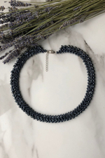 Колье из бисера "Змейка" ручной работы, Синий на серебрянном бисере