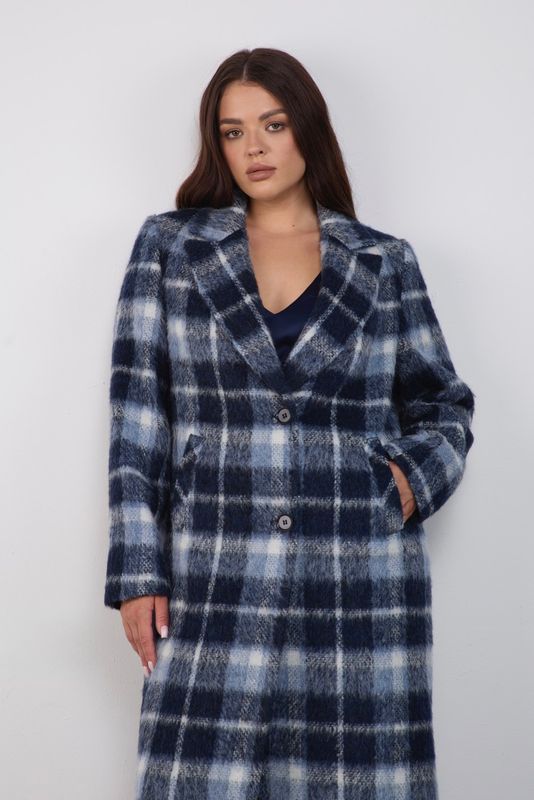 Пальто однобортное в клетку, синий
