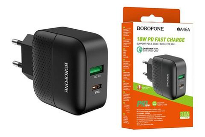 Сетевое зарядное устройство BOROFONE BA46A 1USB 1Type-C 3.0A 18W QC3.0 с кабелем Type-C Lightning черный