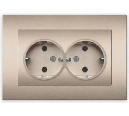 Розетка двухместная "UNIVersal" серия "Афина" с/з, с/у, 16А, 220В, шампань (еврослот) (HU2311)