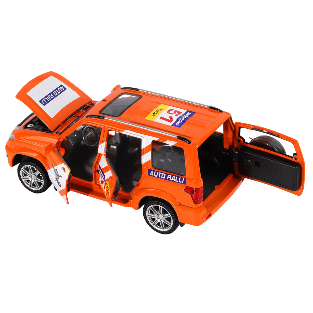 Модель 1:26 УАЗ "PATRIOT" RALLY, оранжевый, откр. 4 двери. капот, задняя дверка, свет, звук, инерция