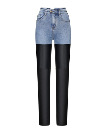 Джинсы зауженные с кожанными вставками, синий