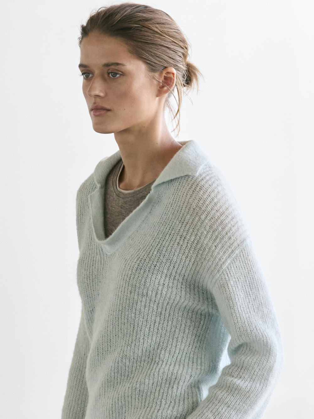 Massimo Dutti Трикотажный свитер поло из смесовой альпаки, небесно-голубой