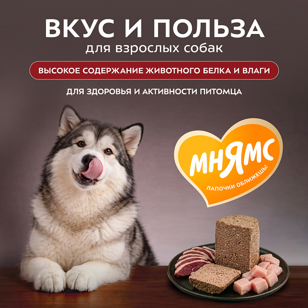 Влажный корм консервы для собак всех пород Деликатес "Турдакен по-британски" паштет из индейки с уткой Мнямс 0,4кг 12 шт