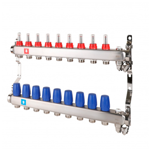 Коллектор MVI с расходомерами, дренажным краном и краном Маевского 1" х 3/4"ЕК 9 вых.