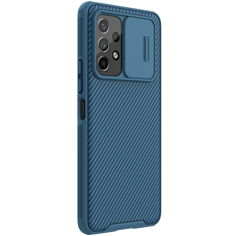 Чехол синего цвета усиленный для смартфона Samsung Galaxy A53 5G от Nillkin, серия CamShield Pro Case, с сдвижной крышкой для камеры