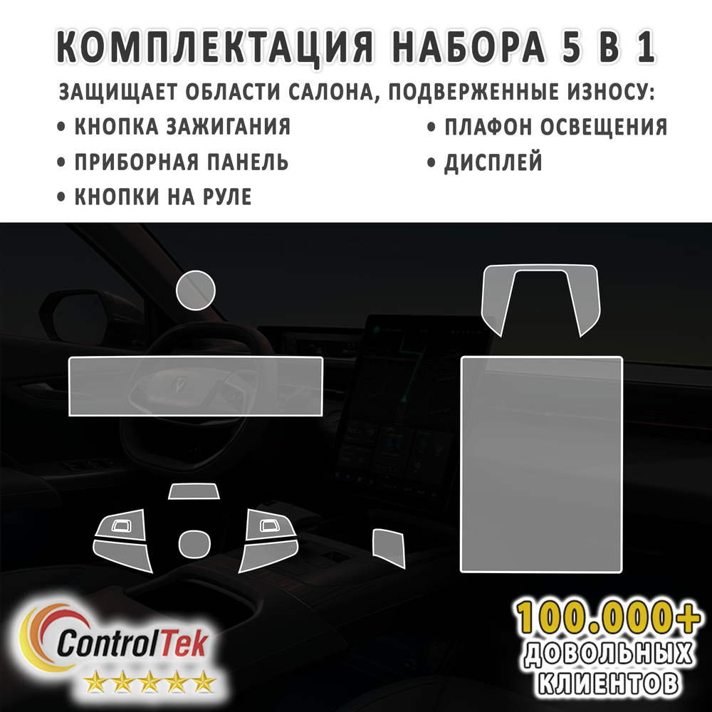 Changan Lamore (2023) - комплект защитных пленок 5 в 1. Пленка защитная ControlTek HYBRID со слоем TOP COAT. Толщина: 6 mil. (175 мкм.)