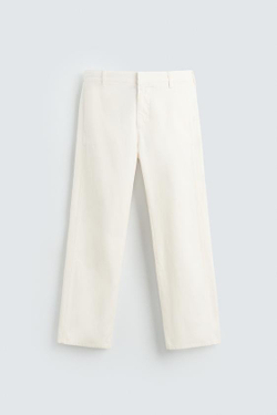 ZARA БРЮКИ ЧИНОС ИЗ ХЛОПКА И КОНОПЛИ, БЕЛЫЙ